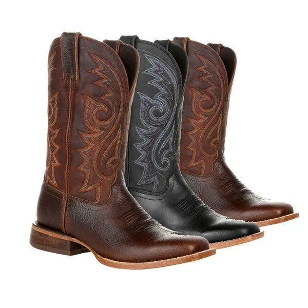 Men Boots Mid Calf Western Cowboy Motorcycle Boots Male Autumn Outdoor PU Leather Totem Med-Calf Boots Retro Designed Men Shoes