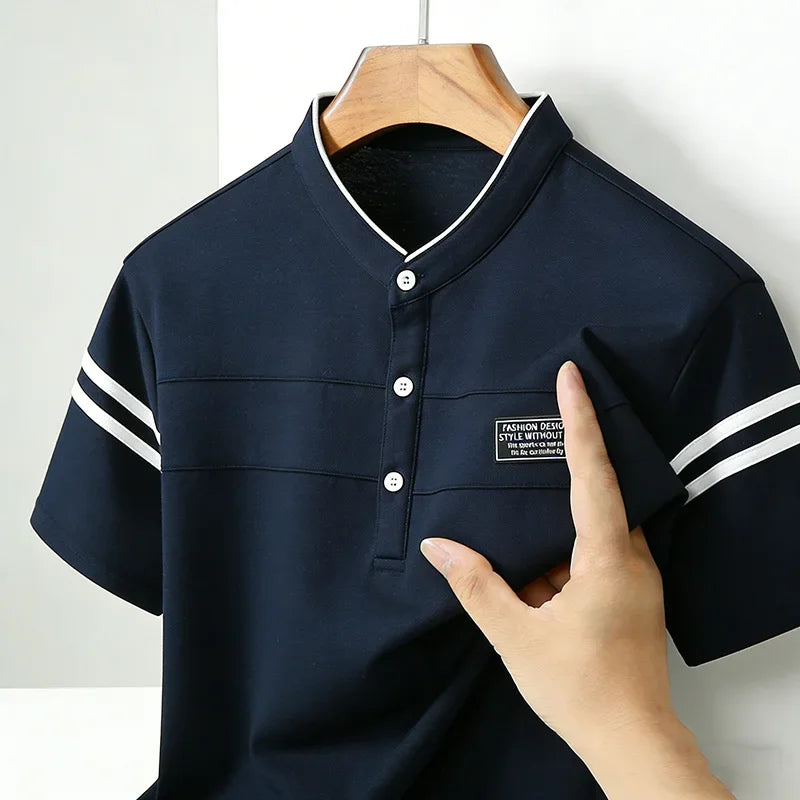 2026 Men's Mandarin Collar Polo Shirt Contrast Striped Short Sleeve Slim Fit Casual Daily Top