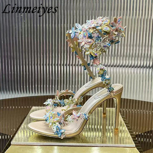 Sexy High Heels Sandals Woman Crystal Flower Snake Twine Around Ankle Strap Wedding Shoes Summer Gladiator Sandals Women
