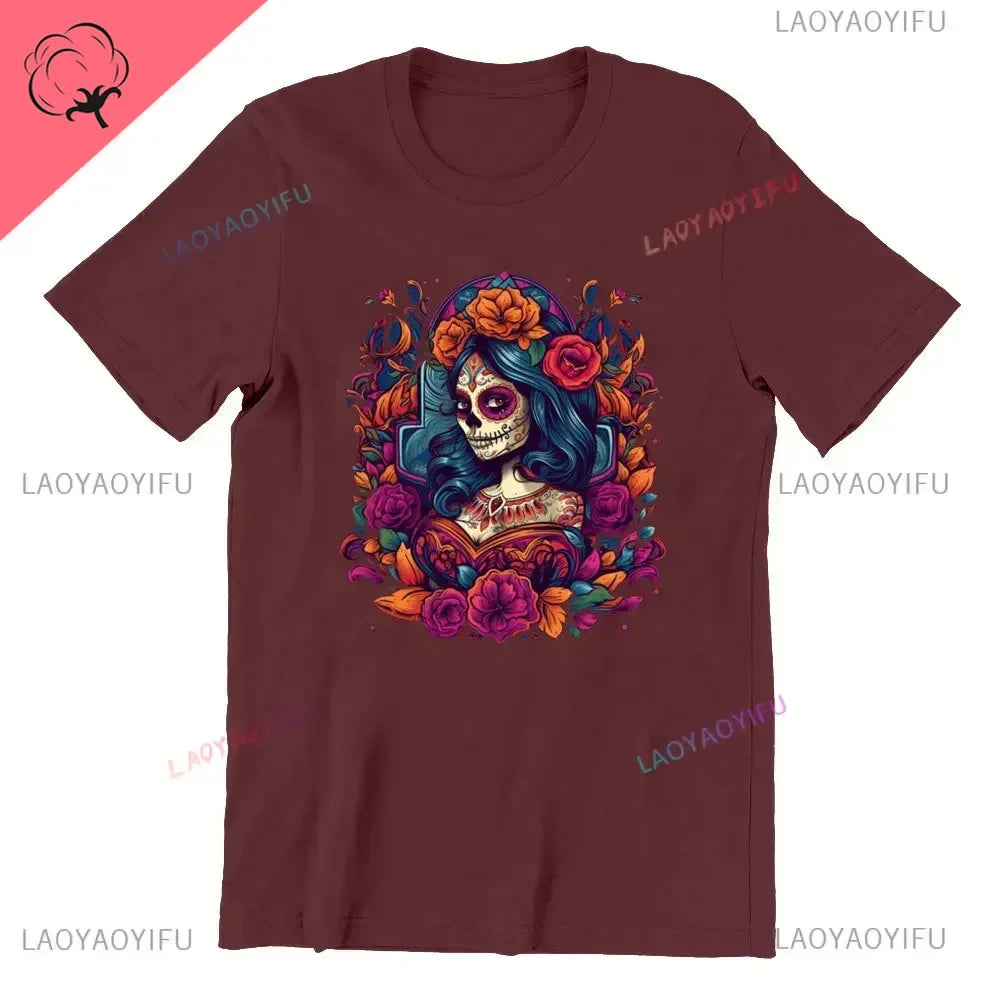Sugar Skull T-Shirt La Catrina Girl with Purple Roses Dia De Los Muertos Sugar Skull Day of The Dead Tee Gifts for Men and Women