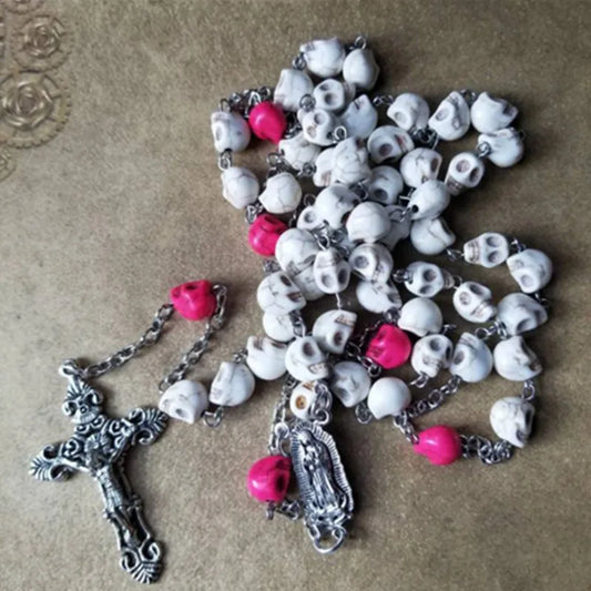 Dia de Los Muertos rosary, Howlite skulls, Guadalupe center, ornate crucifix, Catholic rosary, five decade rosary, stainless ste