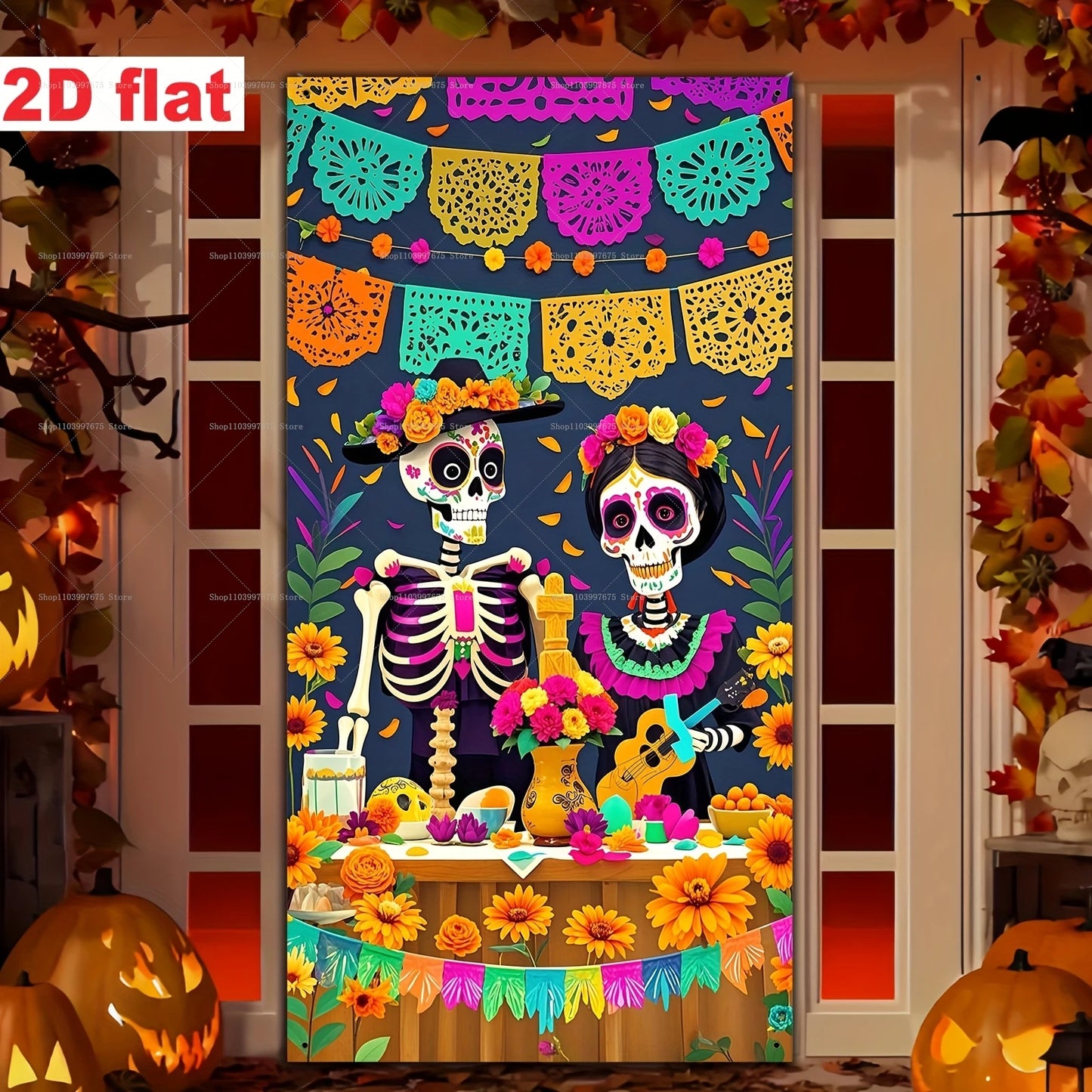 Day of The Dead Sugar Skull Flowers Backdrop Dia De Los Muertos Mexican Fiesta Door Banner for Indoor Outdoor Background Decor