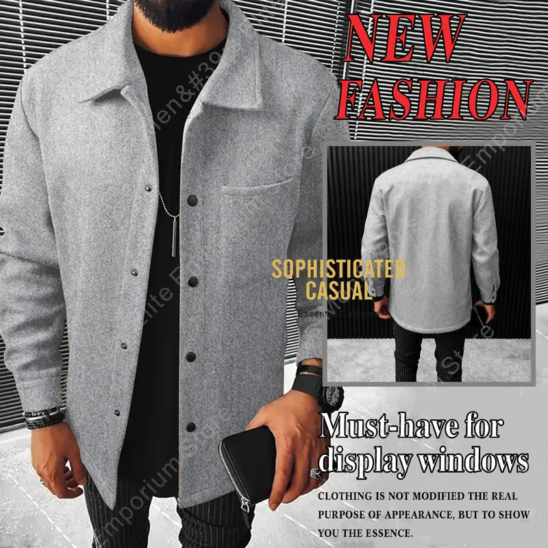 Polyester Brushed Short Jacket for Men, Lapel Button-Down Pocket Coat, Comfortable Casual Autumn Winter Office Business Wear