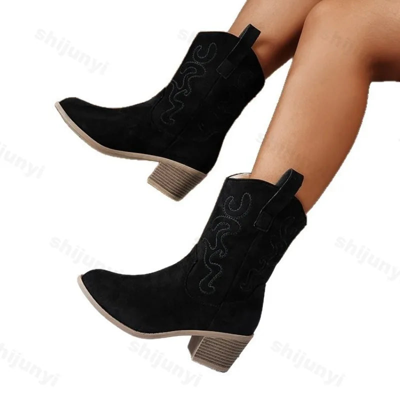 Women Boots 2025 New Cowboy Retro Leather Ankle Boots Comfortable Embroidered 2025 Autumn Sexy High Short Boots Botas Mujer