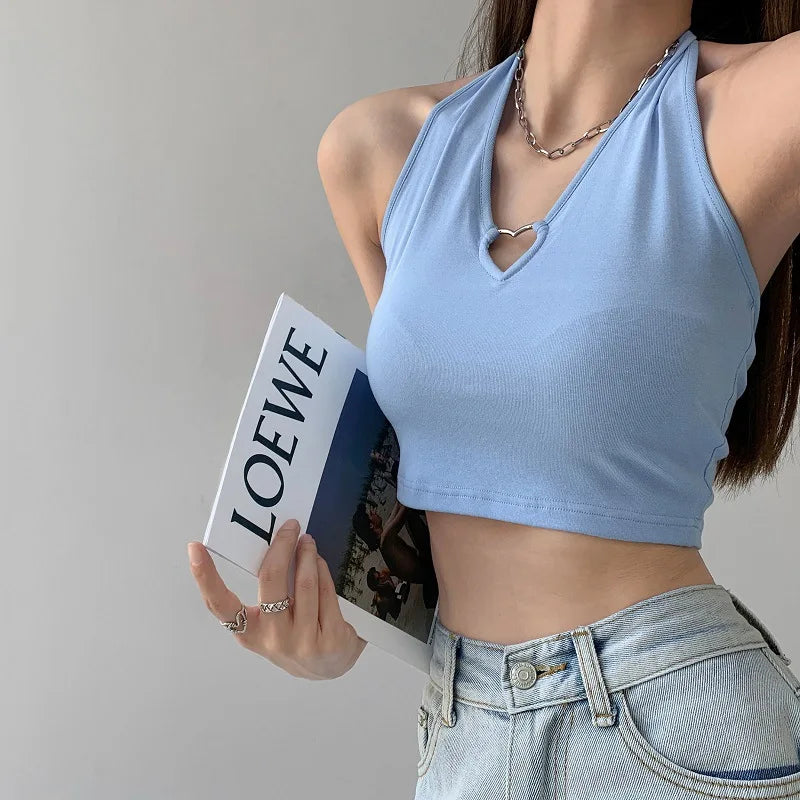 Women Sexy Cropped Crop Tanks Tops Chic Students Halter Club Holiday Party Slim Fit Shirts Summer Fashion High Street Camisole