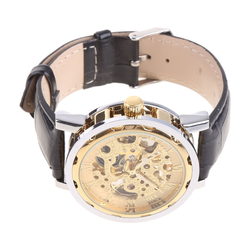 Mens Mechanical Watch Black Leather Gold Skeleton Sport Wristwatch Cool Relogio
