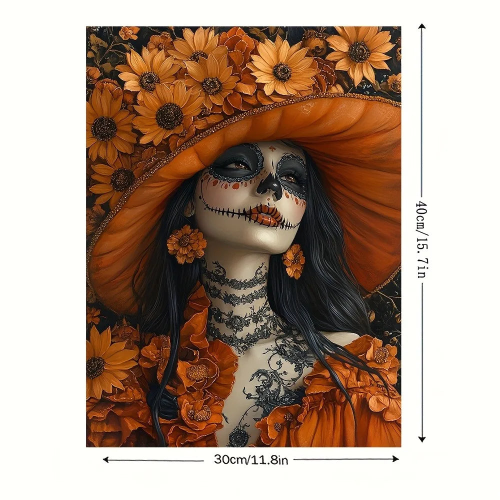 La Calavera Catrina Canvas Wall Art - Vibrant Orange Floral Sugar Skull Dia de los Muertos Decor for Home Bar Office