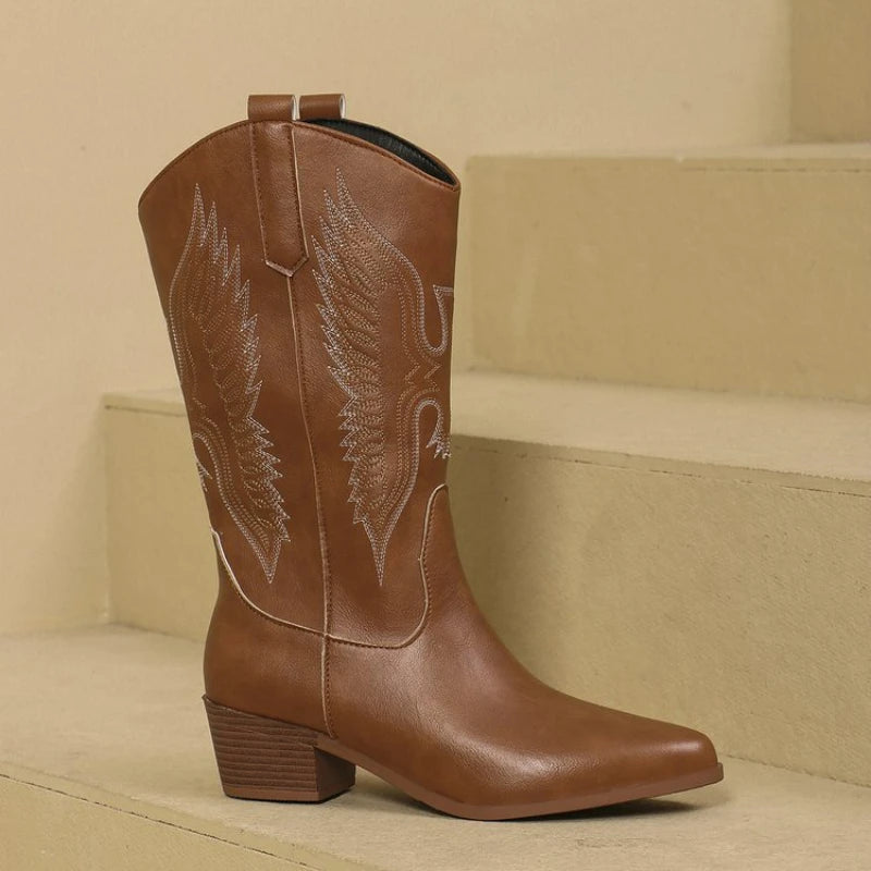 Women's Boots Embroidered Western Cowboy Boots 2025 New Pointed Women Mid-calf Boots Chunky Heel Boot Vintage Slip on Long Boot