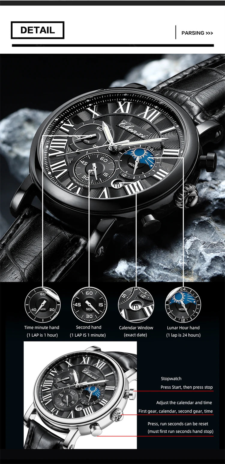 CHENXI 973 Quartz Watch Multi-function Business Moon Phase Date Waterproof Rome Analog Dial Leather Wrist Watch for Male
