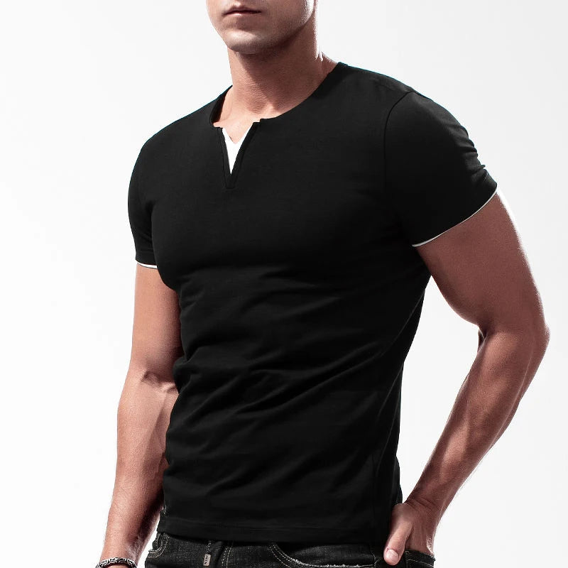 New Mens Short Sleeve Color Match Shirts Cotton Slim Fit Large V Neck TShirt Fitness Jogging Basic Crew Neck Tops