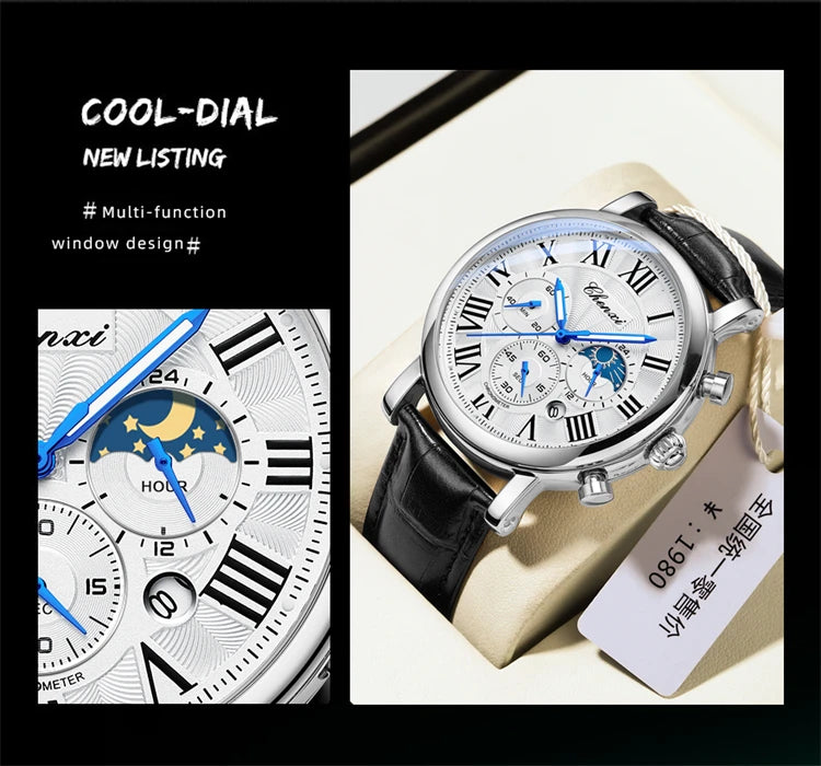 CHENXI 973 Quartz Watch Multi-function Business Moon Phase Date Waterproof Rome Analog Dial Leather Wrist Watch for Male