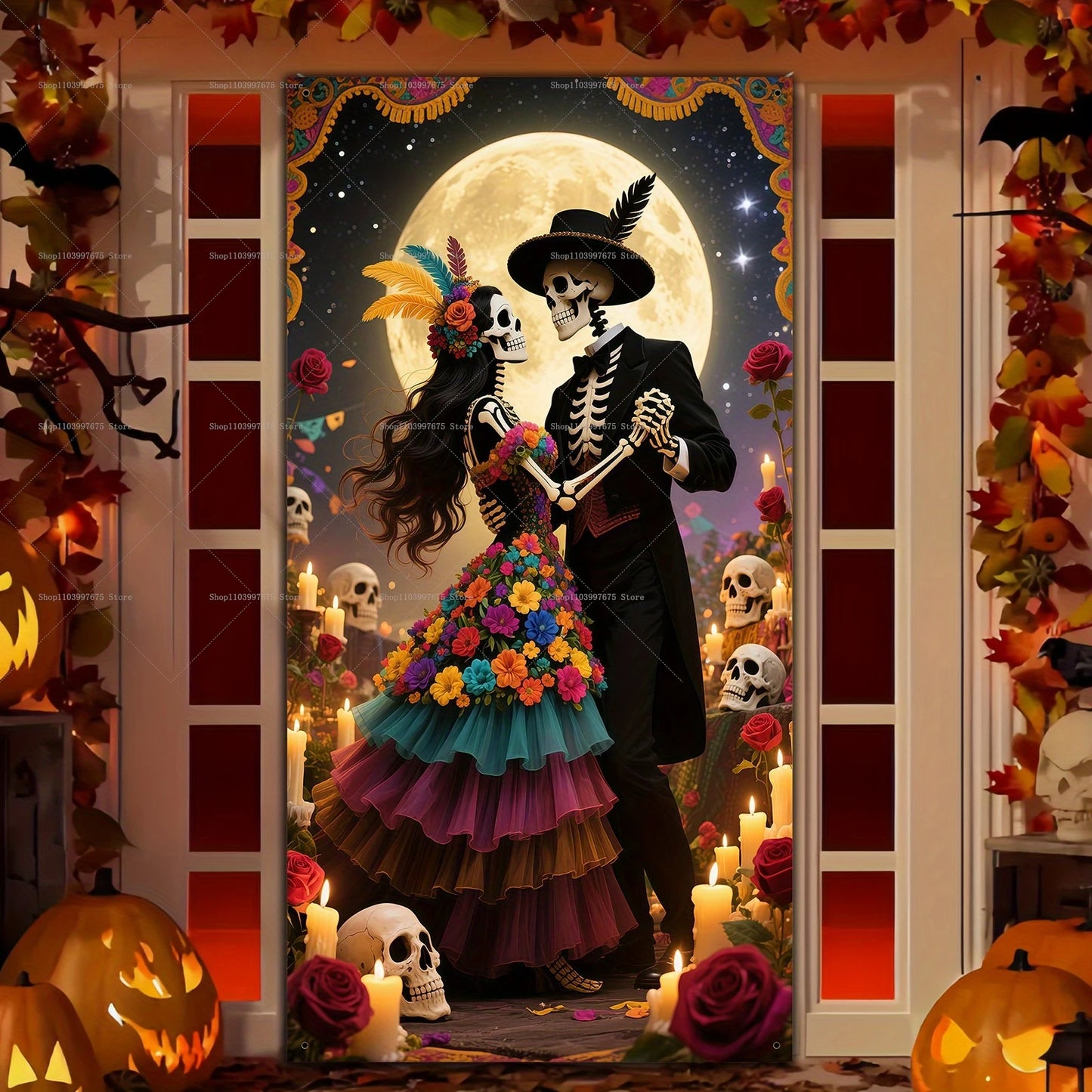 Day of The Dead Sugar Skull Flowers Backdrop Dia De Los Muertos Mexican Fiesta Door Banner for Indoor Outdoor Background Decor