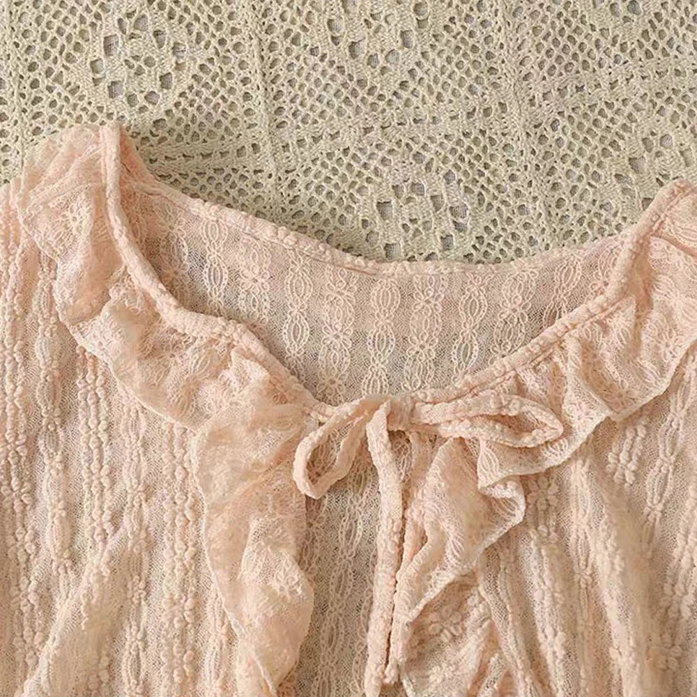 New Lace Ruffle Summer Sexy Long Sleeve Tops Girl's Sun Protection Clothing Women Crop Tops Lace Bow Ruffle Shirt Tops For Woman