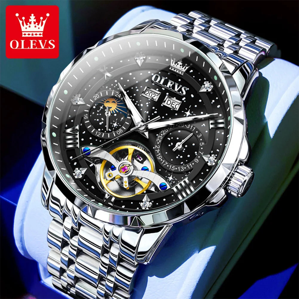 OLEVS 6690 Luxury Men Mechanical Watch Fully Automatic Watch Men's Brand Starry Sky Flywheel Moon Phase Hollow Men Formal Watch