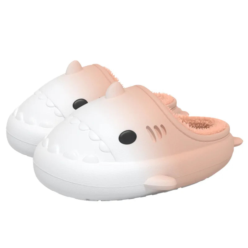 Comwarm Plush Shark Slippers For Women Men Winter Warm Cartoon Cotton Slippers Couple Non-Slip Waterproof Outdoor Home Shoes