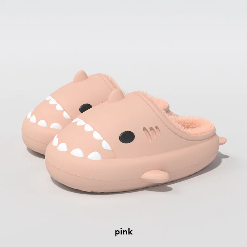 Comwarm Plush Shark Slippers For Women Men Winter Warm Cartoon Cotton Slippers Couple Non-Slip Waterproof Outdoor Home Shoes