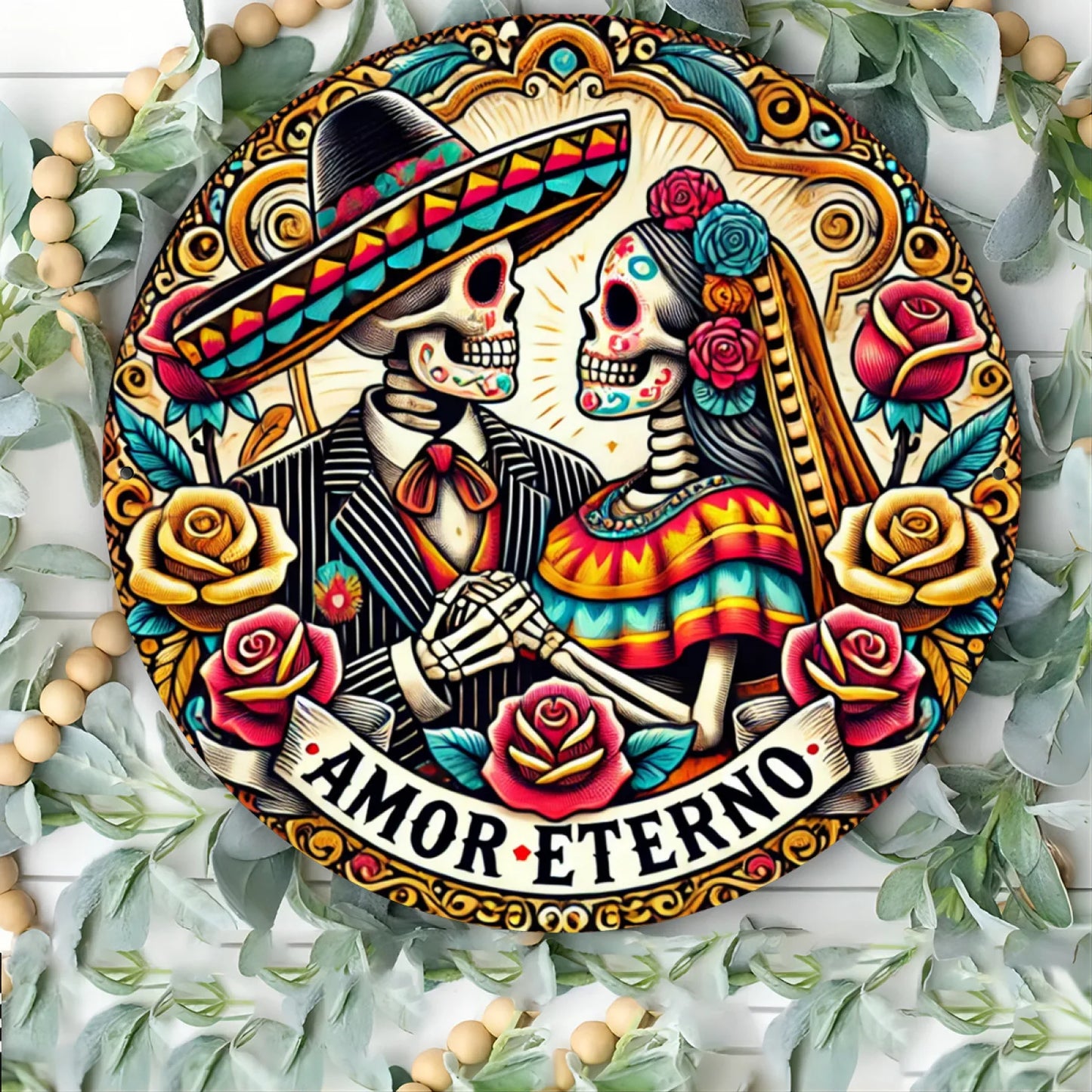 Dia de los Muertos Aluminum Wall Art, Eternal Affection Skeleton Couple Wreath, Round Metal Sign Decor, Festive Engraving