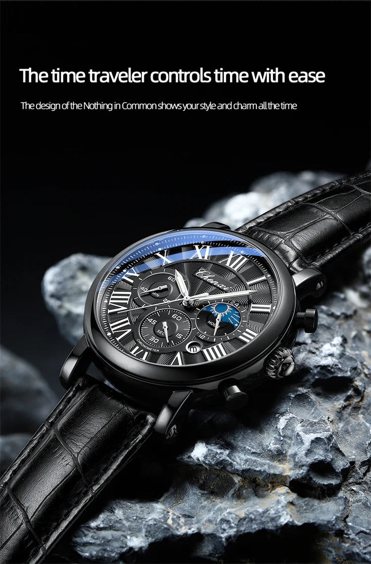 CHENXI 973 Quartz Watch Multi-function Business Moon Phase Date Waterproof Rome Analog Dial Leather Wrist Watch for Male