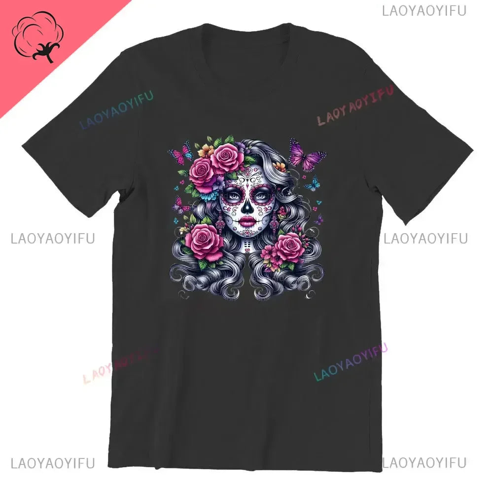 Sugar Skull T-Shirt La Catrina Girl with Purple Roses Dia De Los Muertos Sugar Skull Day of The Dead Tee Gifts for Men and Women