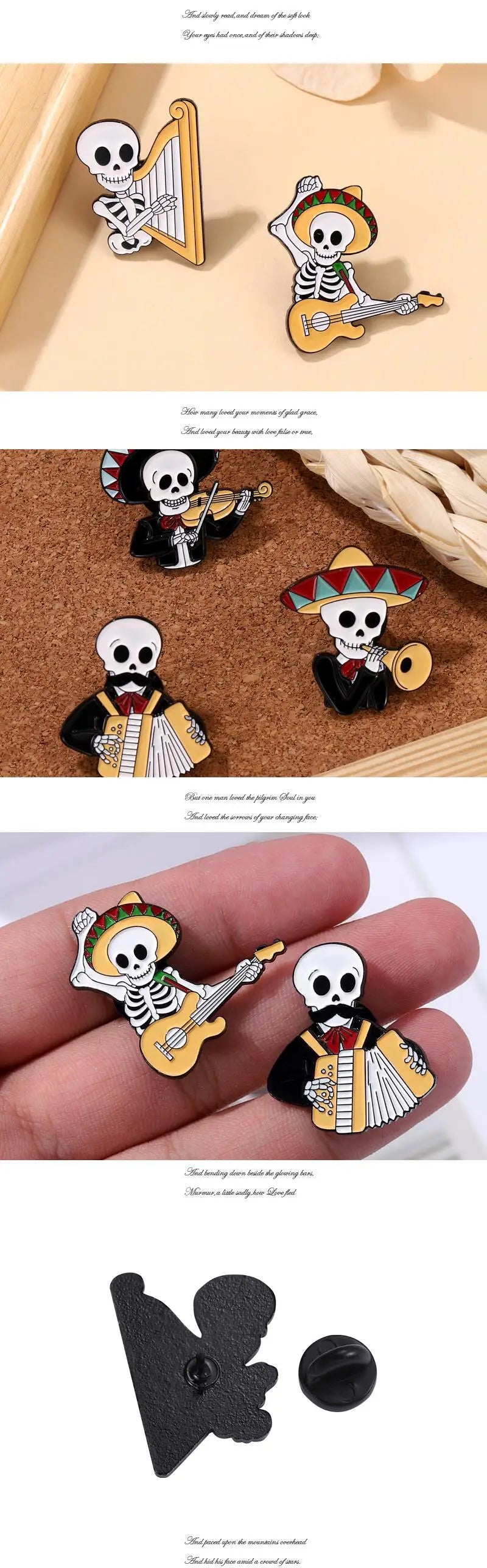Mexican Concert Enamel Pins Custom Accordion Violin Harp Brooches Lapel Badges Gothic Performers Jewelry Gift for Friends