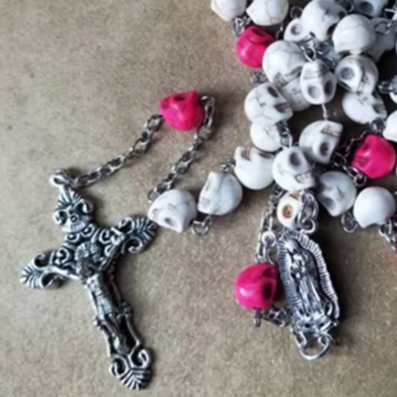 Dia de Los Muertos rosary, Howlite skulls, Guadalupe center, ornate crucifix, Catholic rosary, five decade rosary, stainless ste