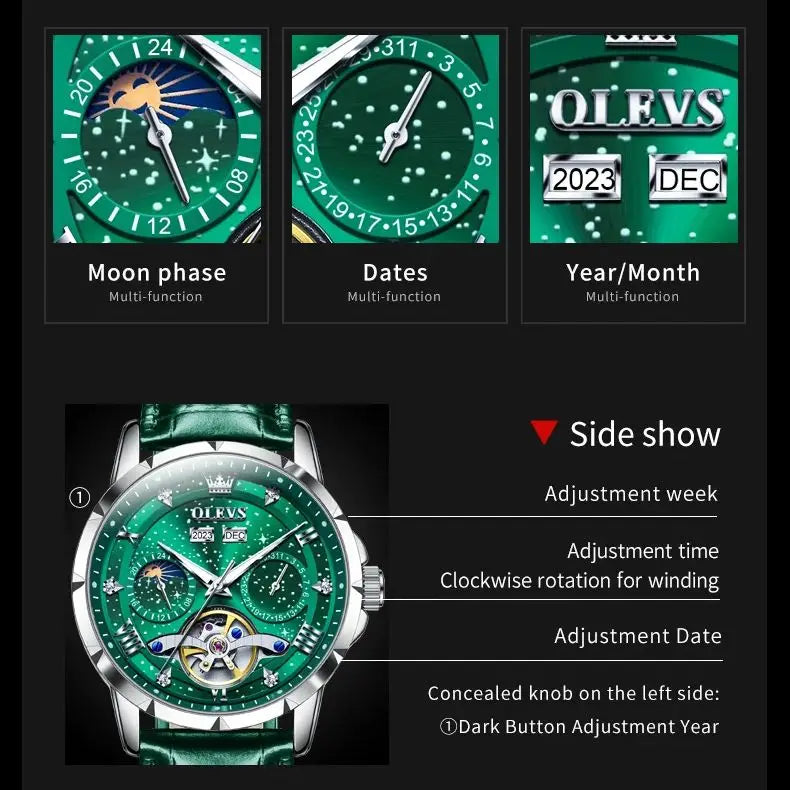 OLEVS 6690 Luxury Men Mechanical Watch Fully Automatic Watch Men's Brand Starry Sky Flywheel Moon Phase Hollow Men Formal Watch