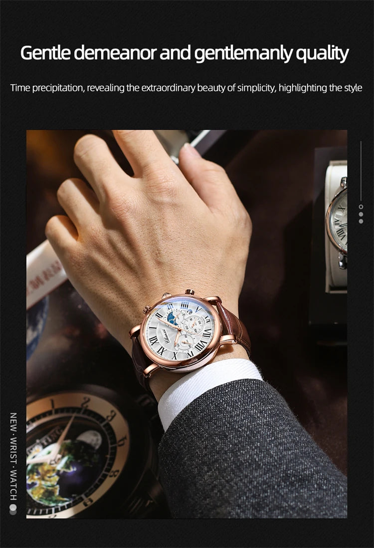 CHENXI 973 Quartz Watch Multi-function Business Moon Phase Date Waterproof Rome Analog Dial Leather Wrist Watch for Male