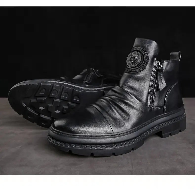 Men's Boots Fashion Motorcycle Boot Luxury Leather Ankle Boots Plush Warm Winter Boots for Men Casual Platform Boot Botas Hombre