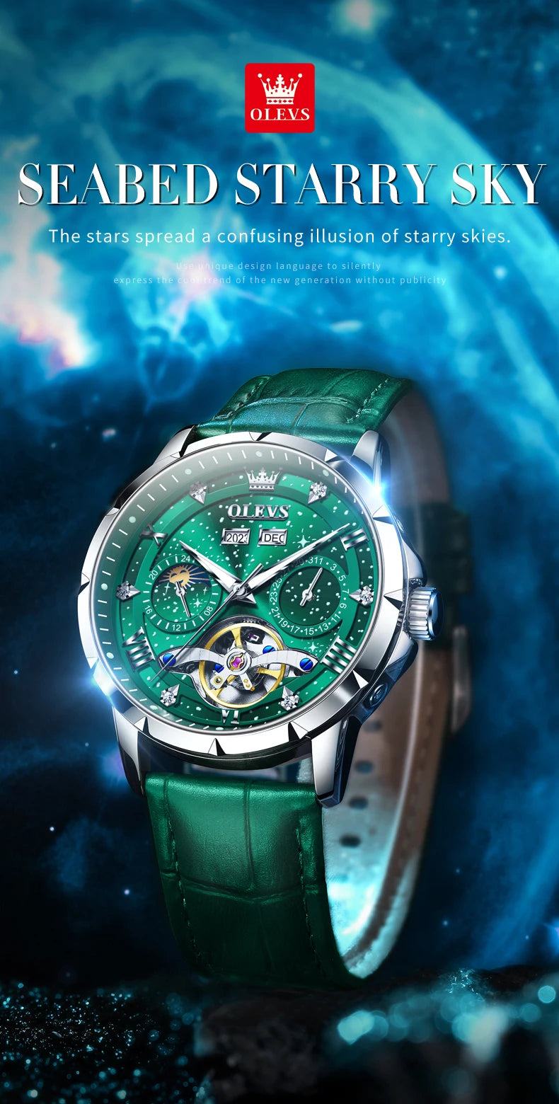 OLEVS 6690 Luxury Men Mechanical Watch Fully Automatic Watch Men's Brand Starry Sky Flywheel Moon Phase Hollow Men Formal Watch