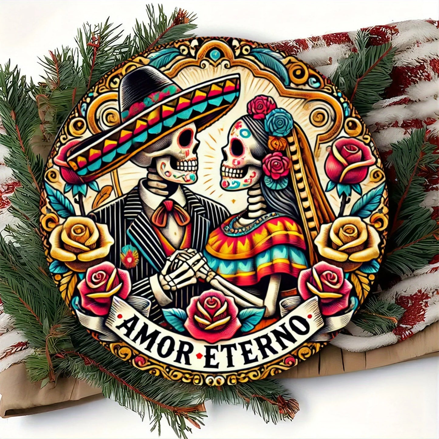 Dia de los Muertos Aluminum Wall Art, Eternal Affection Skeleton Couple Wreath, Round Metal Sign Decor, Festive Engraving