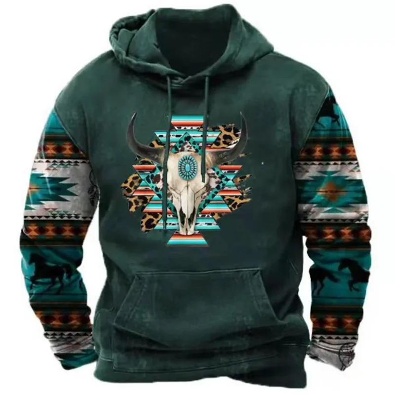 2026 Fall Vintage Print Hoodie Western Cowboy Hoodie Sweatshirt Everyday Casual Oversized Pullover Vintage Street Wear