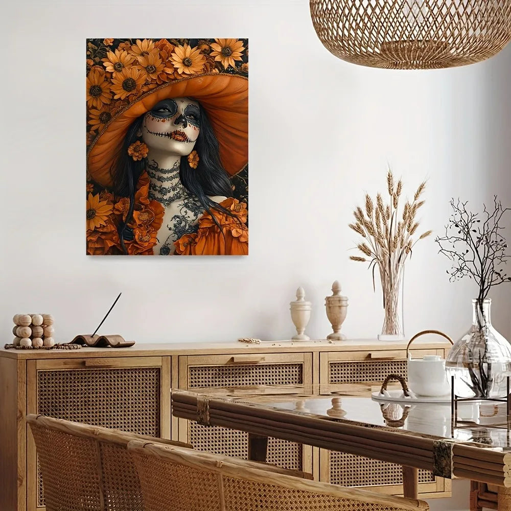 La Calavera Catrina Canvas Wall Art - Vibrant Orange Floral Sugar Skull Dia de los Muertos Decor for Home Bar Office