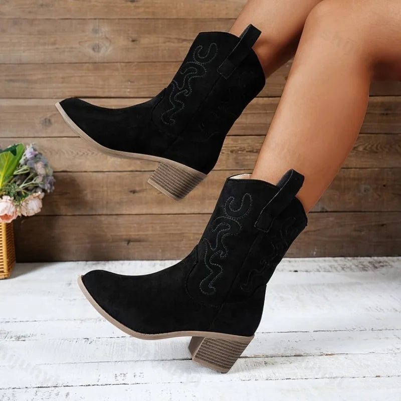 Women Boots 2025 New Cowboy Retro Leather Ankle Boots Comfortable Embroidered 2025 Autumn Sexy High Short Boots Botas Mujer