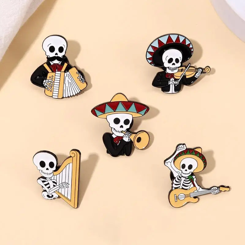 Mexican Concert Enamel Pins Custom Accordion Violin Harp Brooches Lapel Badges Gothic Performers Jewelry Gift for Friends