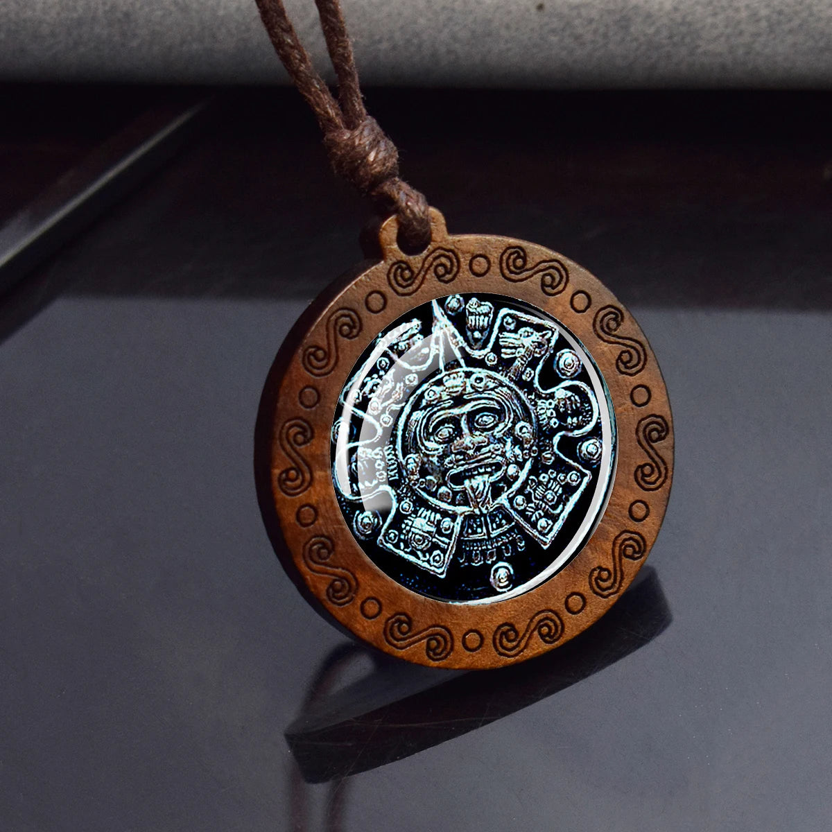 Aztec Calendar Necklace Ancient Mexico Mayan Era Glass Dome Vintage Jewelry Wooden Pendant Rope Chains Necklace for Women Men