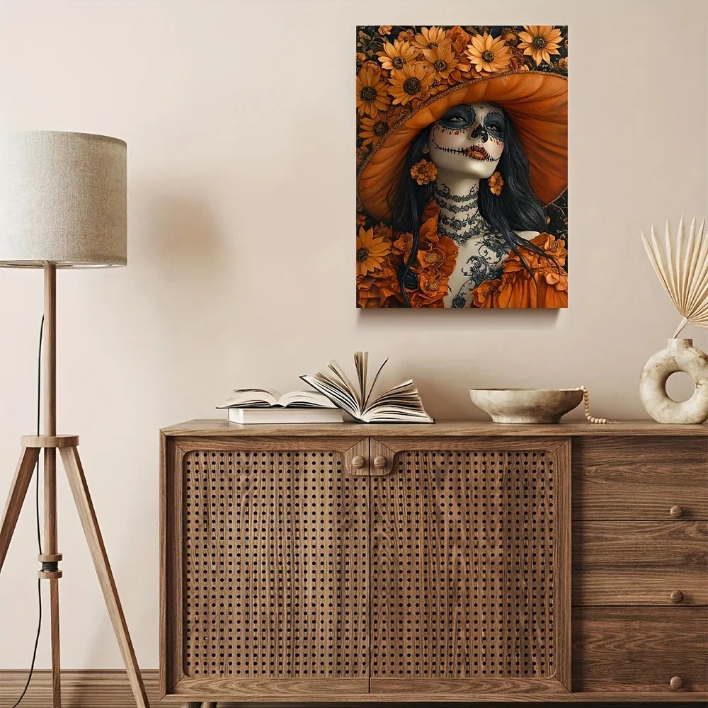 La Calavera Catrina Canvas Wall Art - Vibrant Orange Floral Sugar Skull Dia de los Muertos Decor for Home Bar Office