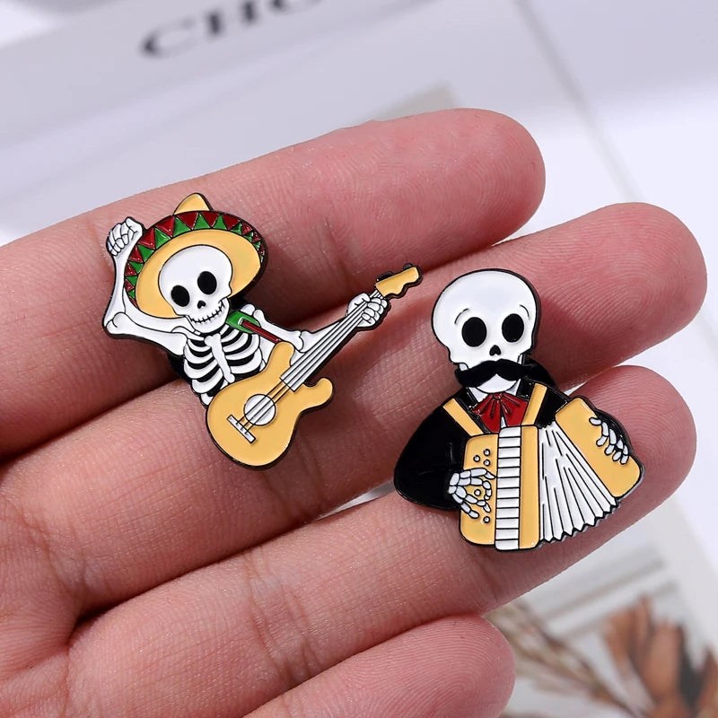 Mexican Concert Enamel Pins Custom Accordion Violin Harp Brooches Lapel Badges Gothic Performers Jewelry Gift for Friends