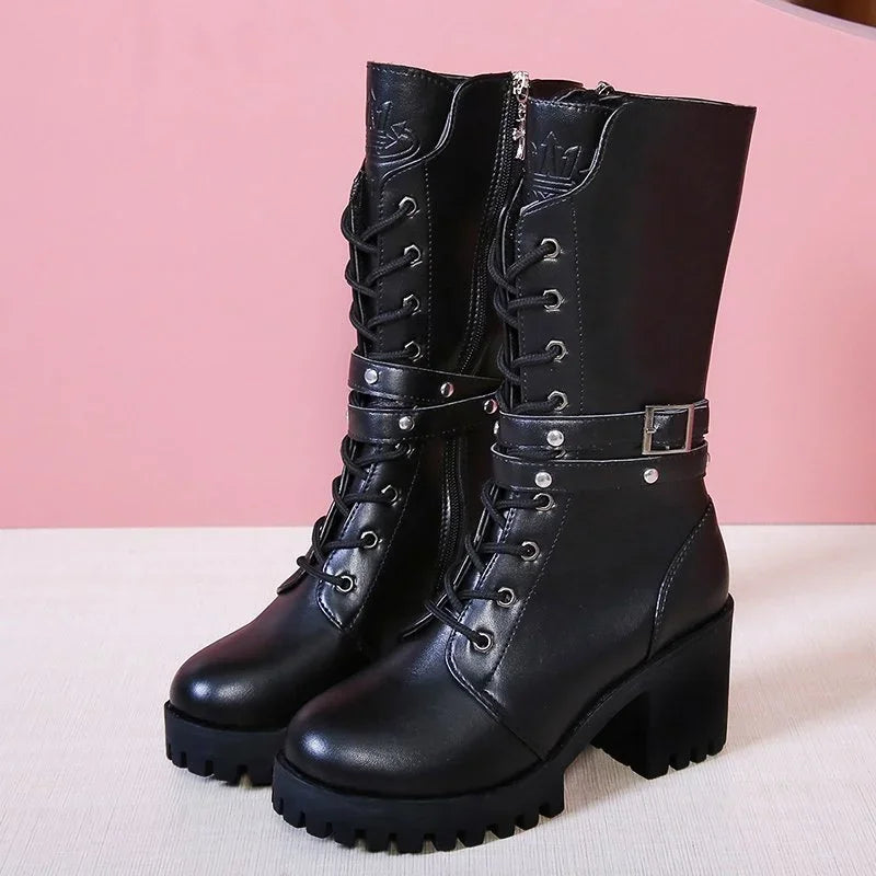 New Round Toe Square Heel Sexy Elegant Fashionable Women's Boots Comfortable Side Zipper Mid Heel Casual Fashion Women's Shoes