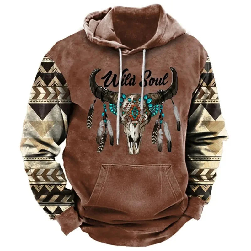 2026 Fall Vintage Print Hoodie Western Cowboy Hoodie Sweatshirt Everyday Casual Oversized Pullover Vintage Street Wear