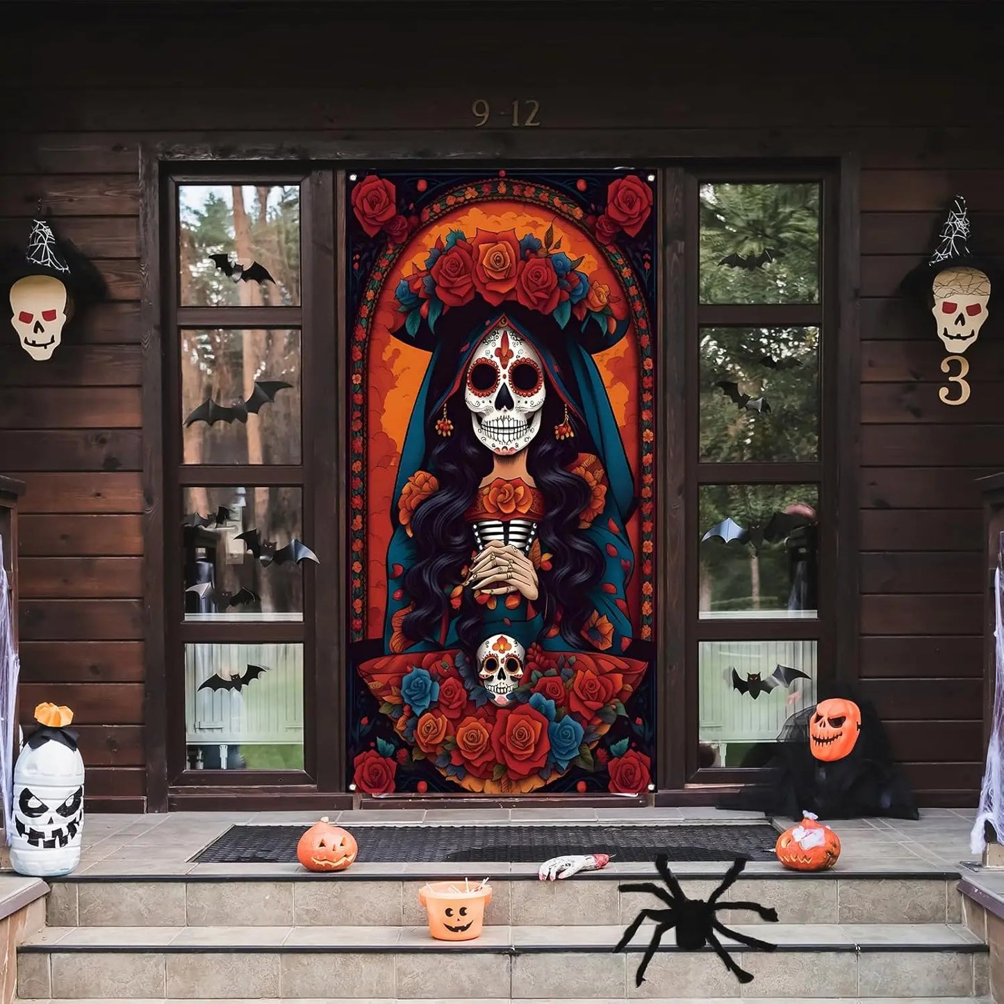 Day of The Dead Door Cover Dia De Los Muertos Backdrop Sugar Skull Rose Altar Mexican Fiesta Party Decorations and Supplies for