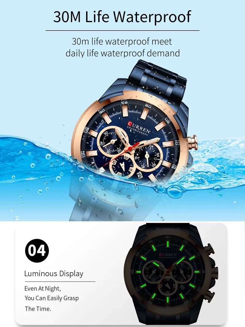 CURREN Man WristWatch Waterproof Chronograph Men Watch Military Top Brand Luxury Gold New Stainless Steel Sport Male Clock 8361