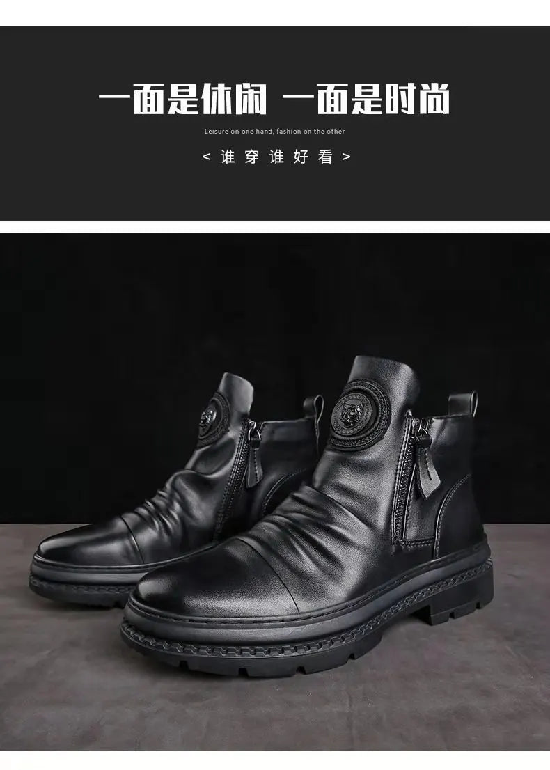 Men's Boots Fashion Motorcycle Boot Luxury Leather Ankle Boots Plush Warm Winter Boots for Men Casual Platform Boot Botas Hombre