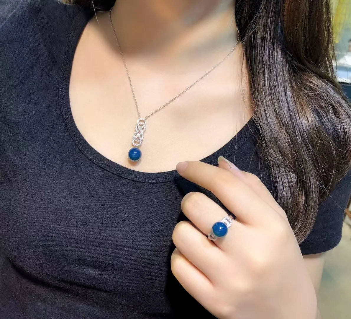 Certificated 925 Silver Natural Mexican Blue Amber Jewelry Set Luxury High Fashion Blue Bead Necklace/Drop Dangle Earring/Rings