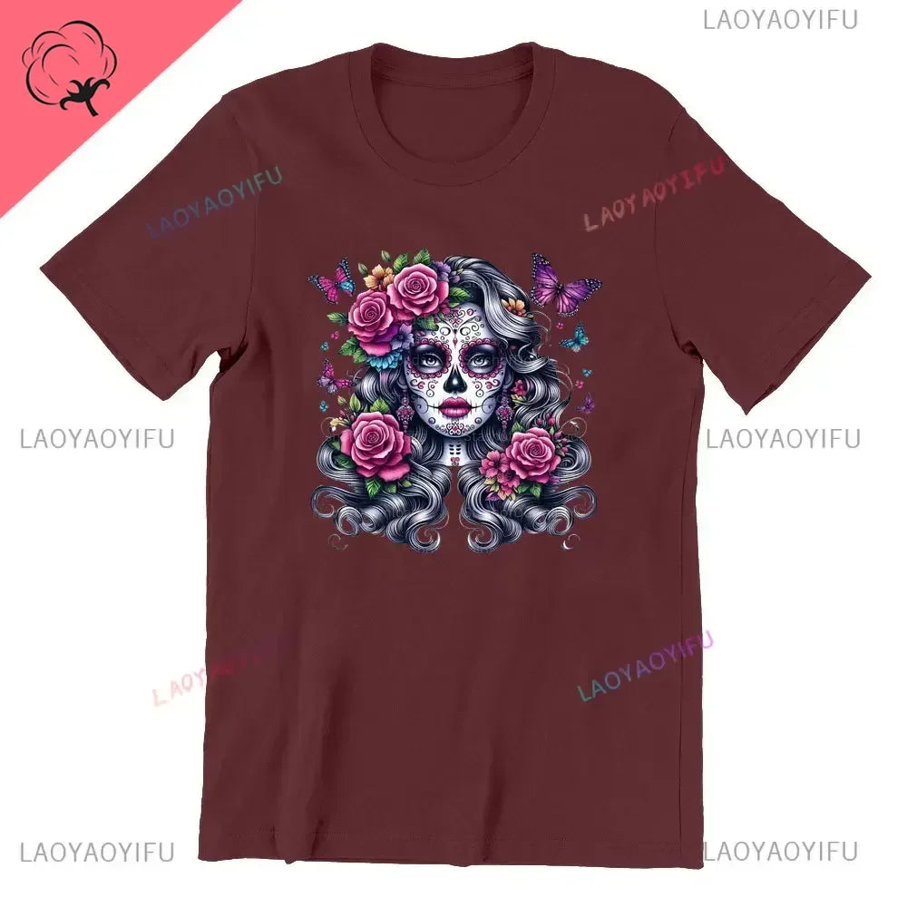 Sugar Skull T-Shirt La Catrina Girl with Purple Roses Dia De Los Muertos Sugar Skull Day of The Dead Tee Gifts for Men and Women