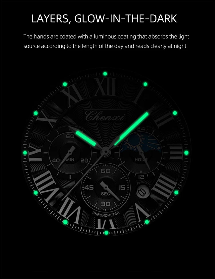CHENXI 973 Quartz Watch Multi-function Business Moon Phase Date Waterproof Rome Analog Dial Leather Wrist Watch for Male