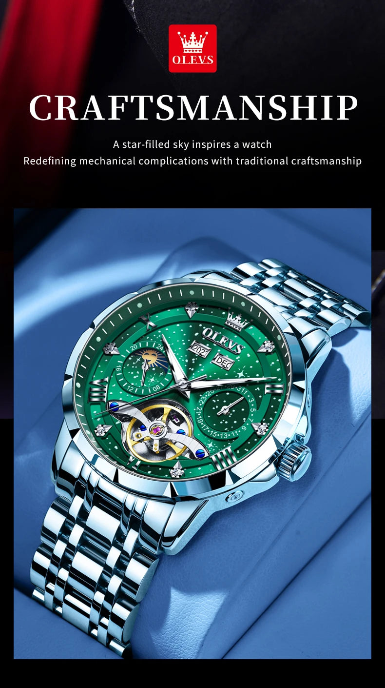 OLEVS 6690 Luxury Men Mechanical Watch Fully Automatic Watch Men's Brand Starry Sky Flywheel Moon Phase Hollow Men Formal Watch