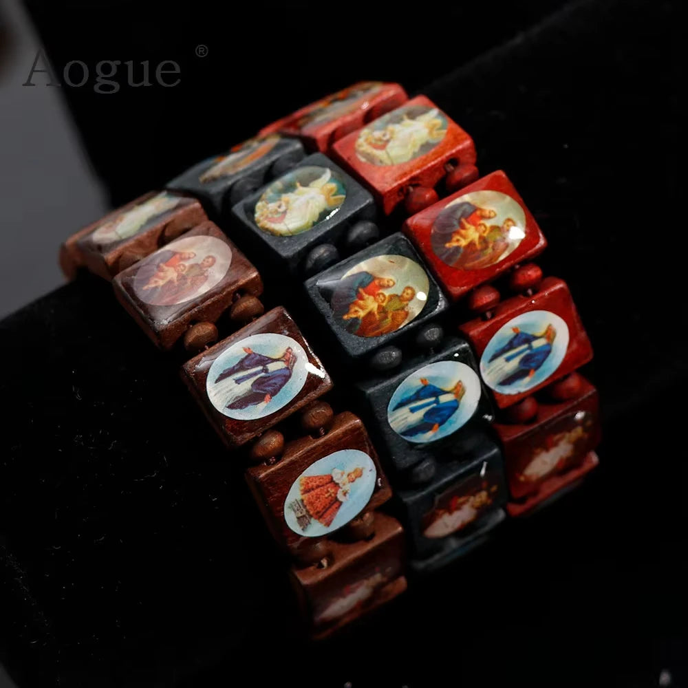 Saints Religion Rosary Wooden Bracelets Men Women Fashion Holy Icon JESUS Virgin Mary Catholic Jesus Beads Bracelet Jewelry Gift