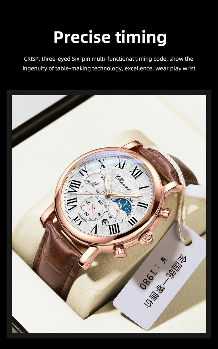 CHENXI 973 Quartz Watch Multi-function Business Moon Phase Date Waterproof Rome Analog Dial Leather Wrist Watch for Male