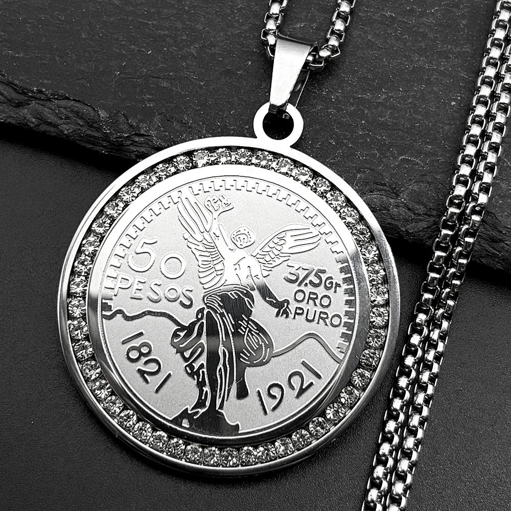 1921 Mexican 50 Pesos Rhinestones Pendant Necklace for Men Women Stainless Steel Gold Color Winged Victory Chain Amulet Jewelry