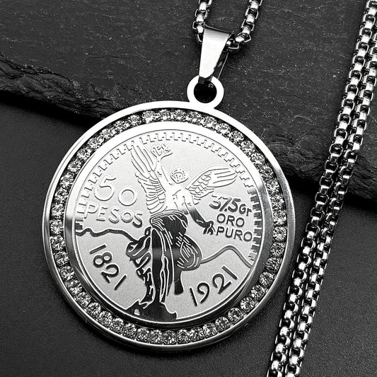 1921 Mexican 50 Pesos Rhinestones Pendant Necklace for Men Women Stainless Steel Gold Color Winged Victory Chain Amulet Jewelry